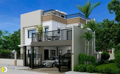 Montemayor – Four Bedroom Fire-walled Two Storey House Design With Roof Deck - Engineering Discoveries Corner Lot House Design, House Rooftop Deck, House Rooftop, Contemporary House Designs, Two Storey House Plans, Philippines House, Philippines House Design, Single Floor House Design, 3 Storey House Design