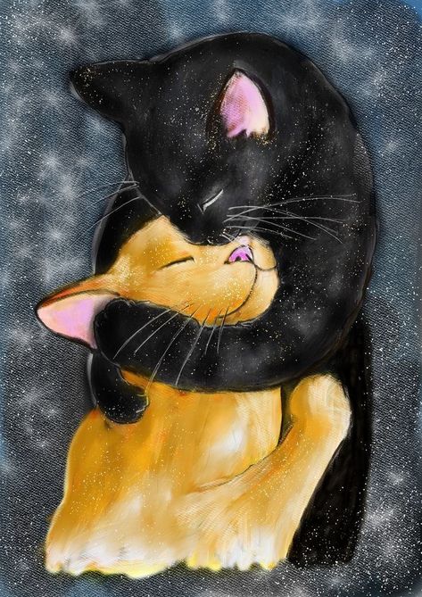 Black And Orange Cat, Hugging Cats, Cats Black, Cat Hug, Love Cat, Two Cats, Cat Art Print, Cat Wall Art, Animal Canvas