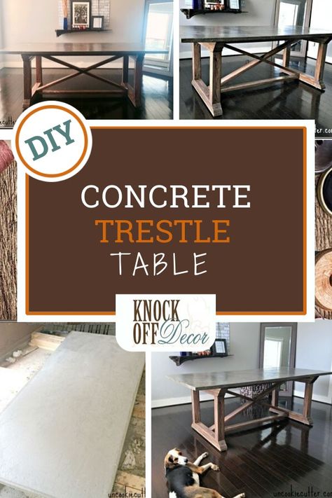 DIY Concrete Dining Table - KnockOffDecor.com Dining Table Diy, Trestle Dining Table, Concrete Dining Table, Diy Dining Table, Diy Kitchen Decor, Diy Concrete, Faux Painting, Trestle Dining Tables, Desert Homes