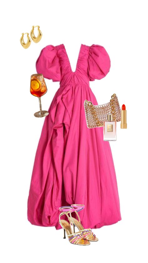 Gold hoop earring, puff sleeve pink maxi dress with ruffles, aperol spritz, gold bag and shoes, killian love don’t be shy perfume and coral red lipstick Abroad Wedding, Black Tie Wedding Guest, Black Tie Wedding Guests, Black Tie Wedding, The Sunshine, Black Tie, Wedding Guest, Black