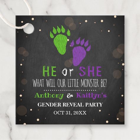 These favor tags are perfect for anyone having a gender reveal party this Halloween. The design is easy to personalize with your special event wording and your guests will be thrilled when they see these fabulous favor tags. Matching party items can be found in the collection. Halloween Gender Reveal Party, Gender Reveal Party Favors, Halloween Gender Reveal, Monster Halloween, Party Favor Tags, Reveal Party, Little Monsters, Party Items, Party Design