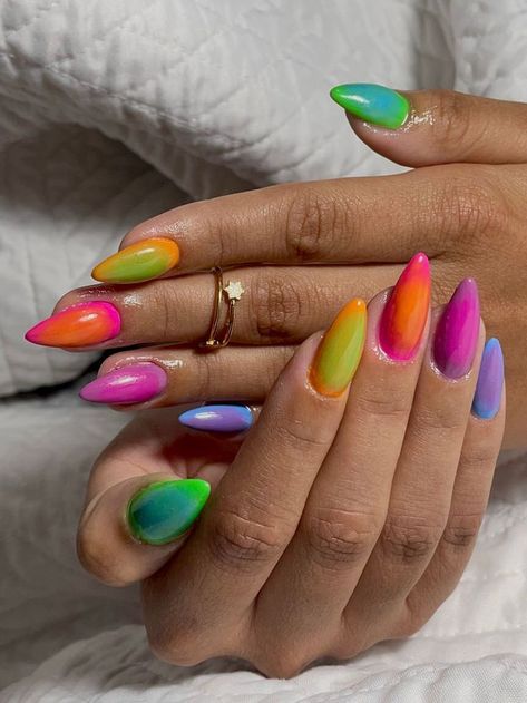 Summer Nail Art 2024, Art Personality, Nail Design Glitter, Rainbow Nail Art, Aura Nails, Tree Nails, Vibrant Nails, Colorful Nails, Glow Nails