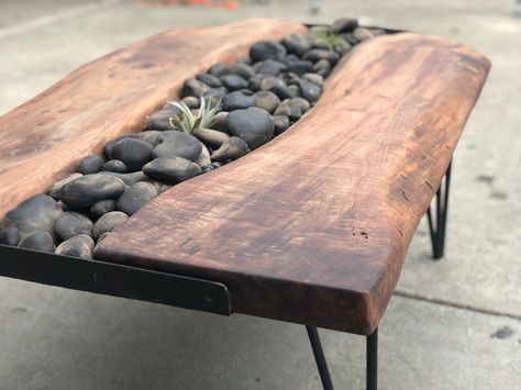 Woodworking Ideas Rock Coffee Table, River Rock Decor, Flat Black Paint, Black River Rock, Rock Table, Temple Ideas, Garden River, River Rock Garden, Live Edge Slabs