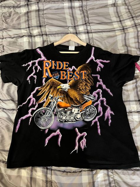 Vintage Vintage American Thunder Ride The Best AOP Shirt | Grailed Vintage Tee Outfit Men, Tee Outfit Men, Vintage Tee Outfit, Vintage Tshirt Design, Thunder Shirt, Tee Ideas, Nascar Shirts, Harley Davidson T Shirts, Men's Tops