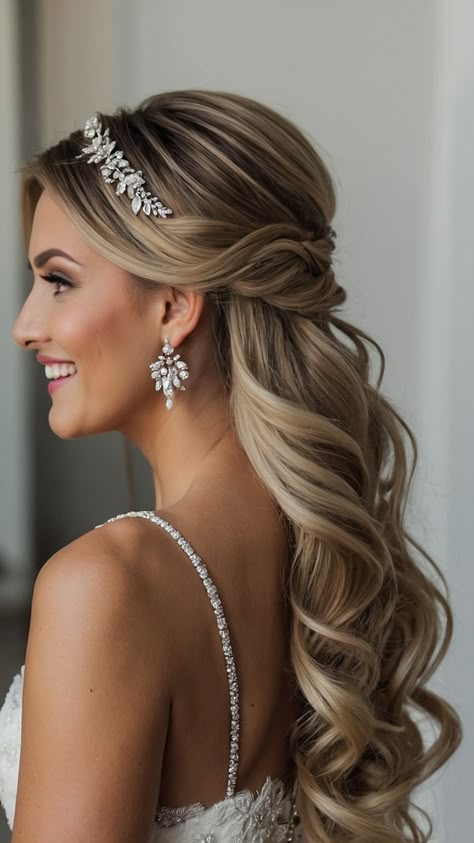 Explore stunning half-up half-down bridal hairstyles for various hair lengths and textures From elegant half updos to timeless and classic looks find inspiration for your wedding day Discover braided styles headbands loose waves and more for all hair types including long short brown blonde and straight hair Achieve a romantic and sophisticated bridal look with these beautiful hairstyles perfect for any bride Bridal Hair Half Up Romantic, Half Up Half Down Wedding Hair Jewelry, Bridal Hair Tiara Half Up, Wedding Hairstyles Half Up Half Down Asian Hair, Half Up Half Down Wedding Hair Headband, Wedding Hair Headband Down, Bridal Hairstyle With Headband, Half Up Half Down Wedding Hair With Tiara, Tiara Hairstyles Wedding