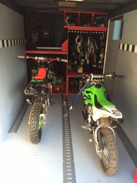 Motorcycle Trailer Ideas, Enclosed Trailer Ideas, Dirt Bike Trailer, Enclosed Motorcycle Trailer, Enclosed Motorcycle, Enclosed Trailer Camper, Toy Hauler Trailers, Trailer Organization, Stock Trailer