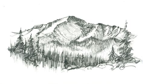 Pikes Peak Tattoo Colorado, Pencil Tattoo, Colorado Tattoo, Mountain Sketch, Landscape Pencil Drawings, Silhouette Drawing, Landscape Tattoo, Mountain Drawing, Mountain Tattoo