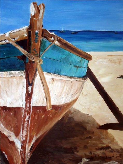 original painting canvas seascape boat rustic by AgatasArtCorner, $275.00: Marine Art, Boat Art, Boat Painting, 수채화 그림, Beginner Painting, Beach Painting, Beach Art, 그림 그리기, Painting Inspiration