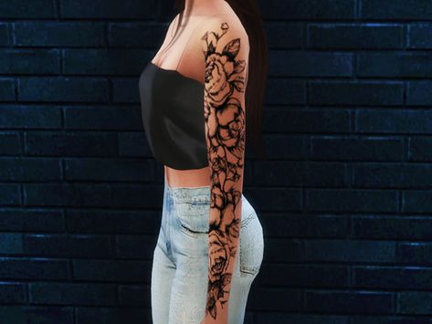 annawahl's Rose sleeve - Left arm Sims 4 Rose Tattoo, Tattoos For Ladies, A Sleeve Tattoo, Butterfly Sleeve Tattoo, Arm Sleeve Tattoo, Arm Sleeve Tattoos For Women, Quarter Sleeve Tattoos, Sims 4 Tattoos, Geometric Sleeve Tattoo