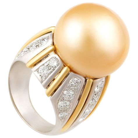 Ella Gafter Golden Pearl and Diamond Ring Sapphire Cocktail Ring, Golden Pearl, Yellow Sapphire Rings, Pearl And Diamond Ring, Gold Cocktail Ring, Golden Ring, Diamond Cocktail Rings, Sea Pearl, Brown Diamond