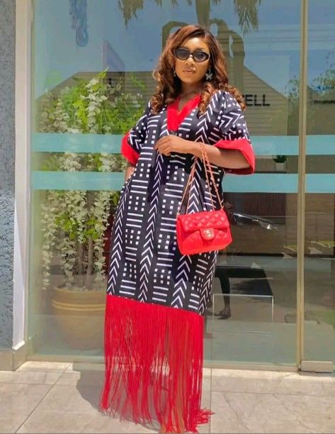 Beautiful trending Boubou, maxi gown styles to consider. - Stylish Naija Adire Bubu With Fringe, Stylish Bubu Gown, Kampala Gown Styles For Ladies 2023, Kampala Dress Styles For Ladies, Latest Kampala Styles For Ladies 2023, Rich Auntie Vibes Outfit, Latest Kampala Bubu Gown Style, Bubu Gown With Ankara, Kampala Gown Styles For Women In Nigeria