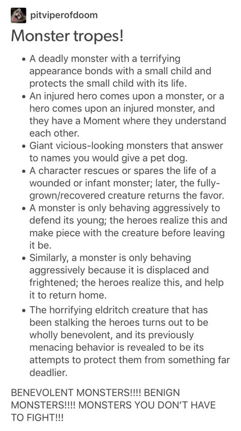 Draw A Monster Why Is It A Monster, Training Writing Prompts, Monster X Human Couple, Monster Human Couple, Platonic Tropes, Writing A Monster, Monster X Human Writing Prompts, Best Tropes In Books, Story Tropes List