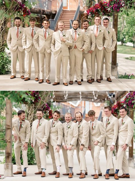 Groom and groomsmen in tan suits at Brookside Gardens Event Center Tan Suit Winter Wedding, Tan Suits For Groomsmen, Garden Party Groom Suit, Groomsman Tan Suits, Tan Suit Wedding Groomsmen, Tan Tux Wedding, Groomsmen Attire Tan, Tan Suit Groomsmen, Groomsmen Tan Suits