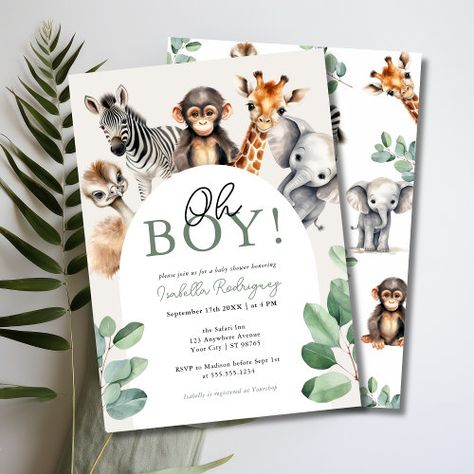 Oh Boy Cute Safari Animals Greenery Baby Shower Invitation #zazzle #weddinginvitations #birthdayinvitations #babyshowerinvitations #zazzleinvitations #monogram #businesscards #graduation #homedecor Cute Safari Animals, Gender Neutral Baby Shower Themes, Jungle Safari Animals, Baby Boy Invitations, Safari Baby Shower Invitations, Animal Baby Shower Invitations, Safari Jungle, Disney Party, Animal Baby Shower