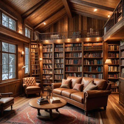 Barndominium Library, Cabin Library, Book Room Ideas, Cozy Home Library, Michigan Cottage, Library Living Room, Home Library Design, Bookshelf Styling, Attic Rooms