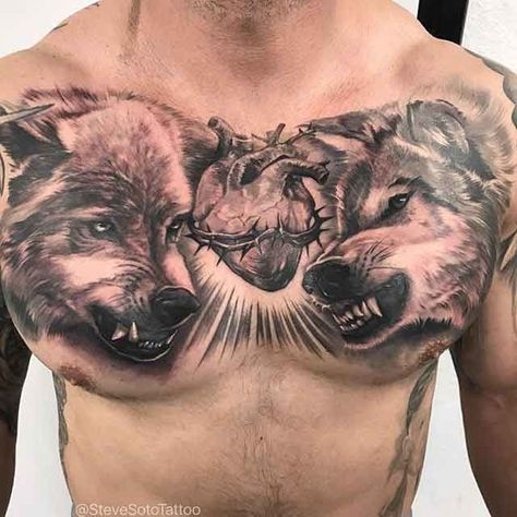 One of the most historically important symbols: wolf tattoos to highlight your personality. Our collection will help you express yourself in almost any style. Wolf Chest Tattoo, Lion Chest Tattoo, Wolf And Moon Tattoo, Best Leg Tattoos, Sacred Heart Tattoos, Nature Tattoo Sleeve, Wolf Tattoo Sleeve, Native American Tattoos, Movie Tattoos