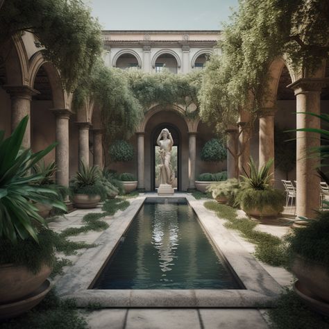 Greek Mythology House, Roman House Design, Courtyard Mansion, Roman Architecture Aesthetic, Hacienda Pool, Greek Courtyard, Roman Courtyard, Ancient Greek Garden, Greek Pool