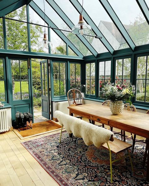 12 Glass extension ideas | Fifi McGee Greenhouse Dining Room, Garden Decor Ideas Diy, Sunroom Dining Room, Sunroom Dining, Orangery Extension, Conservatory Decor, Conservatory Windows, Conservatory Ideas, Conservatory Kitchen