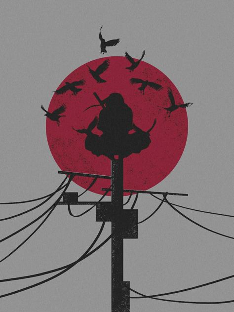 Anime Wall Drawing Ideas, Itachi On Pole Tattoo, Itachi Moon Tattoo, Itachi Uchiha Tatoos, Itachi Sitting On Pole, Itachi Moon Wallpaper, Itachi On Pole, Itachi Uchiha Moon, Itachi Uchiha Art Drawing