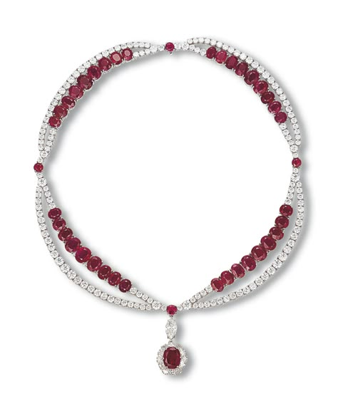 AN IMPORTANT RUBY AND DIAMOND PENDENT NECKLACE | necklace, diamond | Christie's Luxury Ruby Necklace With Diamond Cut, Luxury Ruby Diamond Necklace With Accents, Luxury Ruby Necklace With Diamond Accents, Luxury Polished Ruby Necklaces, Luxury Exquisite Ruby Necklace, Ruby Diamond Necklace, Diamond Circle Pendant, Ruby And Diamond Necklace, Diamond Pendent