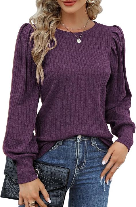 HOTOUCH Sweater for Women Cute O-Neck Lantern Sleeve Pullover Shirts Lightweight Solid Tunic Tops Deep Durple XL at Amazon Women’s Clothing store Womens Basic Tops, Shirt Blouses Women's, Knit Blouse, Round Neck Shirt, Puff Long Sleeves, Plain Color, Solid Color Shirt, Blue Solid, Knit Tunic