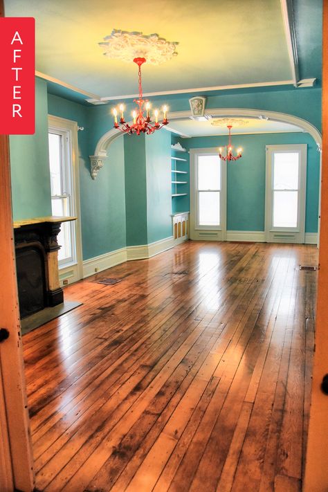 Before & After: A Bright Makeover For "THE ONE" Colors To Make A Room Look Brighter, Bright Paint Colors For Home, Paint To Brighten A Room, Brightly Painted Rooms, Paint To Make Room Look Brighter, Color Schemes Teal, Painted Floors Wood Old Houses, Ripping Up Carpet, New Kitchen Ideas