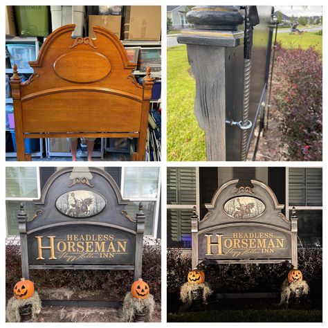 Sleepy Hallow Halloween Decor, Sleepy Hallow Decor, Sleepy Hollow Halloween Decor, Sleepy Hollow Outdoor Decorations, Halloween Sleepy Hollow Decor, Sleepy Hollow Yard Decorations, Diy Graveyard Halloween, Diy Halloween Headboard Sign, Farm Haunted House Ideas