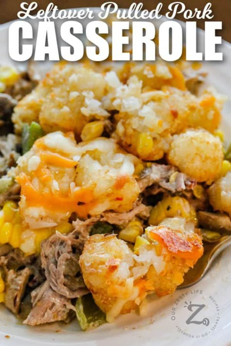 Easy & Cheesy Leftover Pulled Pork Tater Tot Casserole Leftover Pulled Pork Casserole, Leftover Pulled Pork Recipes, Pork Casserole Recipes, Pulled Pork Casserole, Pulled Pork Meat, Leftover Pork Recipes, Pulled Pork Leftover Recipes, Leftover Pulled Pork, Bbq Pulled Pork Recipe