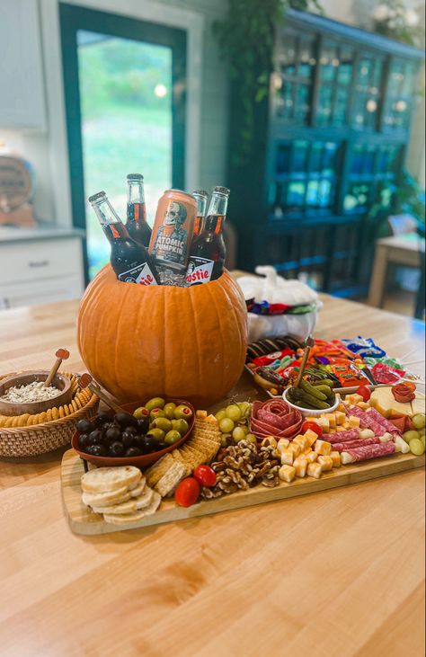 Sports Charcuterie Board Ideas, Sports Charcuterie Board, Pumpkin Carving Party Ideas For Adults, Halloween Football Party, Pumpkin Cooler, Charcuterie Tips, Fall Football Party, Pumpkin Carving Party Ideas, Fall Themed Charcuterie Board