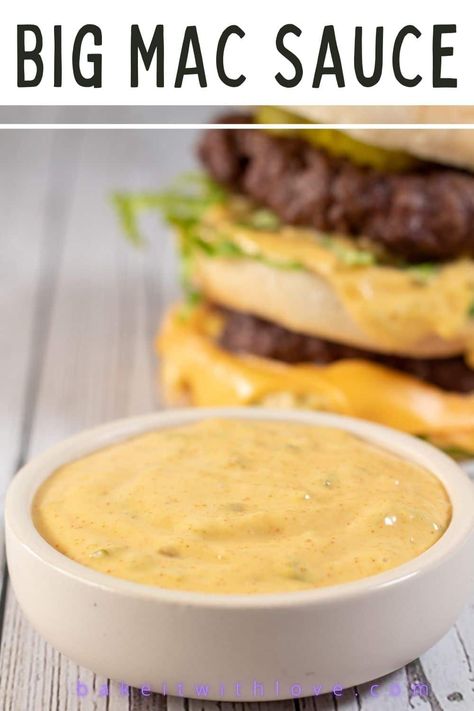 This Big Mac sauce copycat recipe is a deliciously tangy and creamy condiment to spread on burgers, fries, salads, and more! With a handful of everyday pantry items and 5 minutes of prep time, you'll have a tasty sauce that is better than any drive-thru. It's effortless to make, yet full of flavor! BakeItWithLove.com #bakeitwithlove #BigMac #sauce #condiment #copycat #McDonalds Bigmac Sauce, Hamburger Helper Beef Stroganoff, Big Mac Sauce Recipe Copycat, Copycat Mcdonalds, Homemade Big Mac Sauce, Big Mac Sauce Recipe, Mac Sauce Recipe, Homemade Big Mac, Venison Burgers