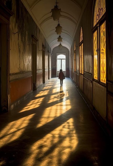 A person is walking down a long hallway with sunlight shining on them stock photos Hallway Reference, Museum Reference, Old Hallway, Italy Museum, Person Walking, Tall Windows, Long Hallway, Vector Christmas, Christmas Vectors