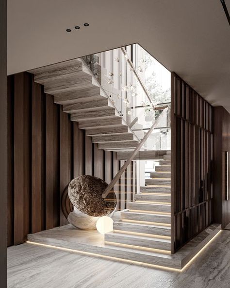 Modern Indoor Stairs, Luxury Stairs Grand Staircase, Stairs Design Modern Interiors, Grand Staircase Modern, Modern Stairs Design Luxury Stairways, Stairs Design Interior Luxury, Staircase Design Modern Stair Walls, Stair Railings Farmhouse, Contemporary Stairs Design