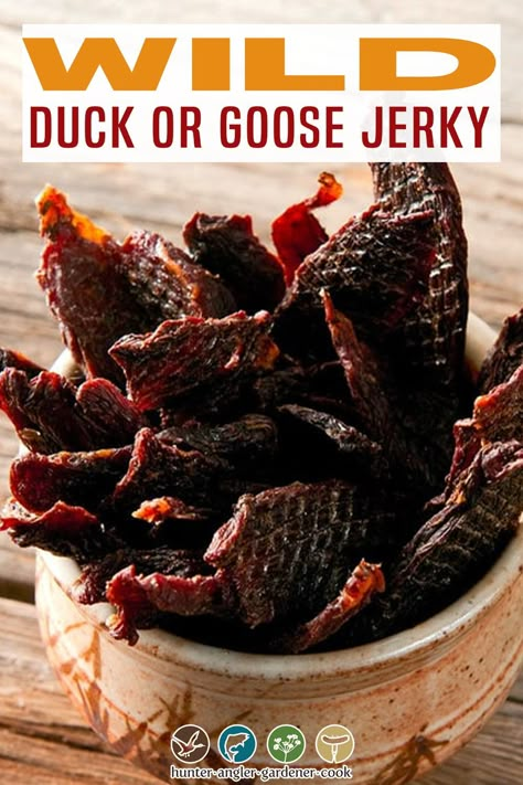 Duck Jerky Recipes, Goose Jerky Recipe, Goose Jerky, Jerky Seasoning Recipe, Jerky Marinade Recipes, Jerky Recipes Dehydrator, Deer Jerky Recipe, Duck Jerky, Jerky Marinade