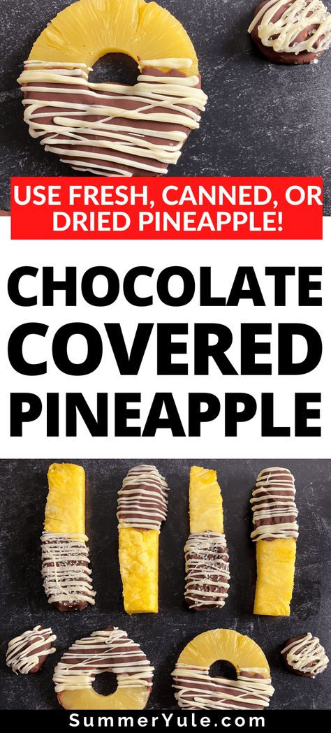 Get the best Chocolate Covered Pineapple Recipes! Enjoy juicy pineapple with dark chocolate, semi-sweet chocolate, milk chocolate, white chocolate, or a combination. Three simple ingredients are all you need to make pineapple with chocolate that rivals Edible Arrangements. You can make pineapple dipped chocolate using fresh pineapple, canned pineapple rings, or dried pineapple. The dried pineapple version tastes like pineapple chocolate candies! White Chocolate Pineapple Slices, Dipped Pineapple Slices, Chocolate Dipped Pineapple Slices, Chocolate Covered Pineapple Chunks, Chocolate Covered Pineapple Rings, Chocolate Covered Pineapple Slices, Chocolate Covered Pickles, Candied Pineapple Slices, Pineapple Candy Recipe