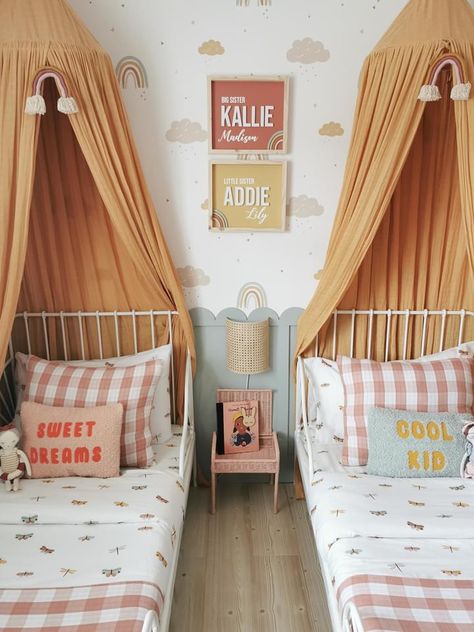 Toddler Girls Shared Room, Baby Toddler Shared Room, Yellow Toddler Room Girl, Colorful Toddler Girl Room, Ikea Minnen Bed, Sister Bedroom, Sibling Room, Twin Room, Sister Room