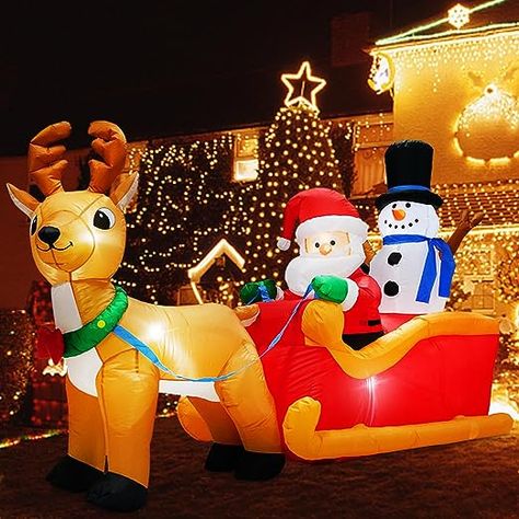 6.6 FT Long Christmas Inflatable Santa Claus on Sleigh with Snowman and Reindeer Outdoor Decorations, Built-in LED Lights Blow up Yard Decoration for Garden Lawn Patio Xmas Holiday Decor Santa Claus On Sleigh, Reindeer Outdoor Decorations, Blow Up Santa, Christmas Blow Up, Inflatable Christmas Decorations Outdoor, Christmas Cartoon Characters, Inflatable Christmas Decorations, Inflatable Santa, Holiday Inflatables