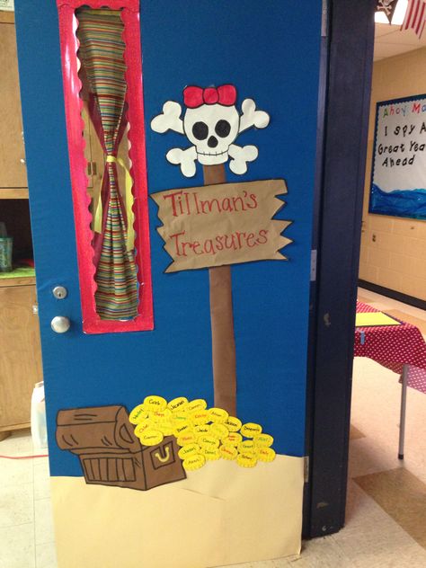 Pirate theme-my classroom door: coins have student's names for open house Pirate Theme Classroom, Pirate Classroom, Pirate Decor, Book Theme, Theme Classroom, Classroom Door, Pirate Theme, Pirate Ship, May 7