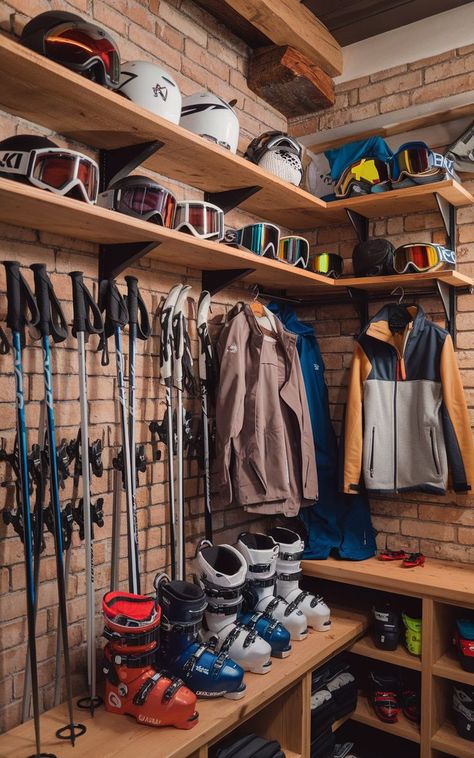 A beautifully organized ski gear room with labeled storage areas for various types of equipment. Ski Organization Storage Ideas, Ski Organization, Ski Room Ideas, Garage Storage Skis, Ski Gear Storage, Ski Equipment Storage, Gear Room Ideas, Portable Ski Rack Storage, Ultimate Organization