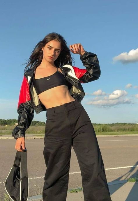 Jacket Outfit, Nike Sports Bra, Nike Sports, Fashion Books, Style Guide, Jacket Outfits, Parachute Pants, Style Guides, Two Piece Pant Set