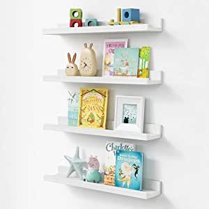 Forbena Nursery Floating Shelves for Wall, 23 Inch Long Nursery Book Shelves Set of 4, Rustic Wood Picture Ledge Shelf for Bedroom, Bathroom, Living Room, Photo Frames, Office Decor (White) We love these shelves! I like to change them out seasonally and any time I think my kids may have forgotten about some of the books we have. Nursery Book Shelves, Living Room Decor Photos, Wall Bookshelves Kids, Ledge Wall, Kids Room Bookshelves, Picture Ledge Shelf, Nursery Book, Floating Bookshelf, Nursery Bookshelf