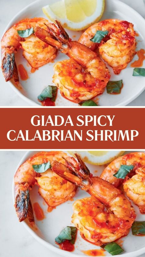 Giada Spicy Calabrian Shrimp Spicy Shrimp Appetizer Recipes, Giada Appetizers, Calabrian Shrimp, Argentine Shrimp Recipe, Shrimp Arugula, Shrimp Appetizer Recipes, Giada Recipes, Marinated Shrimp, Shrimp Appetizers