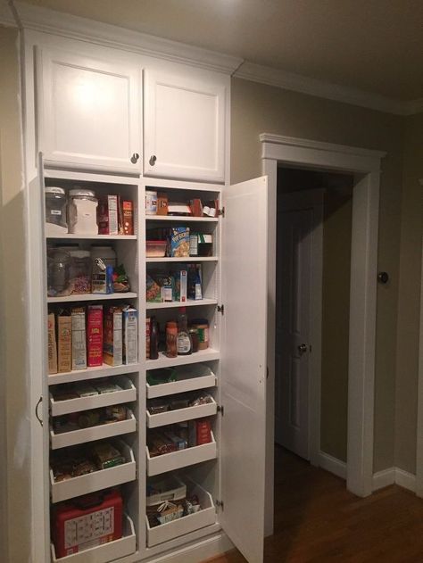 Shallow Closet, Build Pantry, Barn Door Pantry, Double Sliding Barn Doors, Pantry Shelves, Custom Pantry, Pantry Wall, Hidden Kitchen, Kitchen Clothes