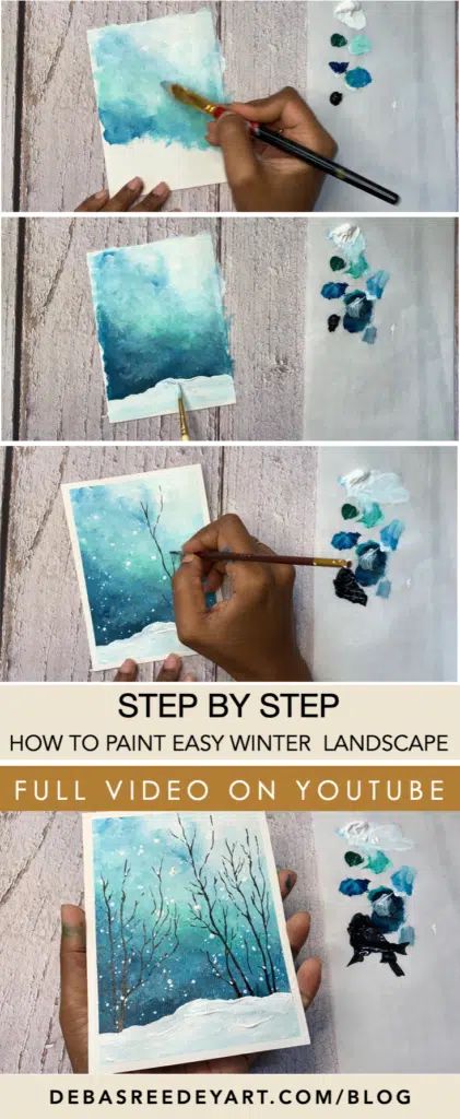 Paint an easy winter painting with snowfall - Debasree Dey Art Easy Winter Paintings On Canvas, Winter Tree Painting Acrylic, Winter Water Coloring Ideas, Winter Wonderland Painting Easy, Winter Watercolor Landscape, Winter Abstract Painting, Winter Watercolor Paintings Easy, Simple Winter Drawings, Easy Winter Watercolor