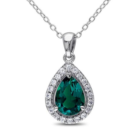 Sofia B Sterling Silver Created Emerald & Created White Sapphire Teardrop Halo Pendant with 18" Chain White Sapphire Necklace, Emerald Necklace Pendant, Round Pendant Necklace, Halo Pendant, Emerald Pendant, Pendant With Chain, Sapphire Pendant, Emerald Necklace, Teardrop Necklace