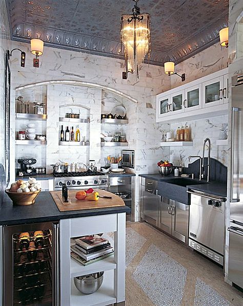 Bistro Kitchen Decor: How to Design a Bistro Kitchen - Decoist Bistro Kitchen Decor, White Kitchen Pantry Cabinet, White Kitchen Pantry, Marble Walls, Bistro Kitchen, Country Kitchen Designs, Kitchen Pantry Cabinets, Classic Kitchen, Gorgeous Kitchens