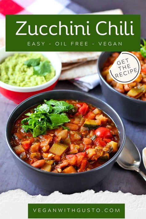 This easy vegan zucchini chili recipe is brimming with veggies, spices, fresh herbs, and beans for a quick, flavorful, low-fat, oil-free, meatless chili the whole family will love. You love this one-pot, nutritious meal with a secret ingredient for a unique chili flavor. Want to know more? Get this delicious recipe and instructions in the link. Chili Recipe With Veggies, Zucchini Chili Recipe, Zucchini Chili, Unique Chili, Traditional Chili Recipe, Zucchini Dinner, Zucchini Dinner Recipes, Meatless Chili, Fat Oil