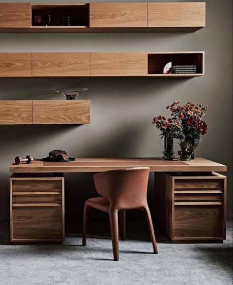 Floating Desk With Drawers, Timber Desk, Office Drawer Organization, Desk With File Drawer, Tan Leather Sofas, Leather Inlay, Beautiful Desk, Floating Desk, Wall Units