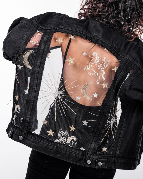 THE COSMIC JACKET (PREORDER) – Dragon Denim Black Poppy, Space Outfit, Star Clothing, Painted Jacket, Lace Jacket, Penteado Cabelo Curto, Denim And Lace, Lace Fashion, Colored Denim