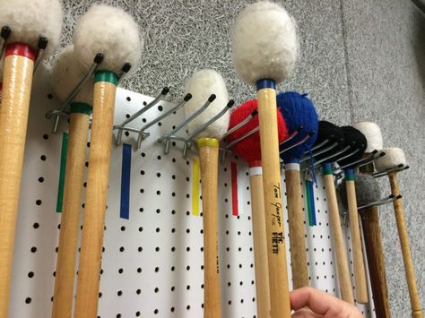 Percussion Organization, Drums Sticks, Band Room Ideas, Music Room Storage, Band Classroom, Drum Studio, Music Room Organization, Band Tips, Instrument Storage