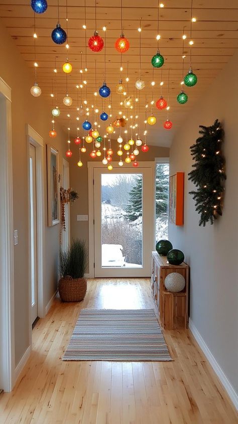 Christmas Light Walk Through, Christmas Hallway Decoration, Christmas Lights In Hallway, Christmas Lights Ceiling, Hallway Decoration Ideas, Christmas Hallway Decorations, Pinecones Ornaments, Christmas Lights Inside, Christmas Hallway